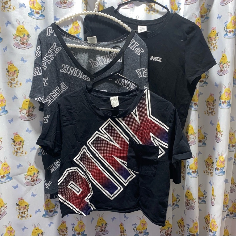 -BUNDLE OF 3- PINK Victoria's Secret Tees - Black, Gray, Cropped